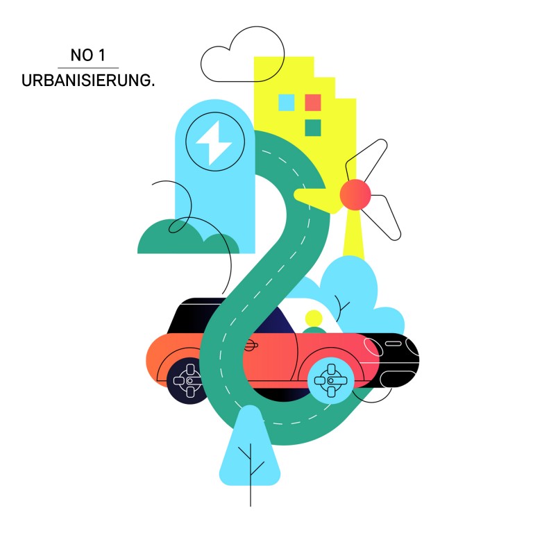 Illustration, die den Trendbegriff Urbanisierung darstellt. Zu sehen ist ein MINI Cooper SE in einem urbanen Umfeld.